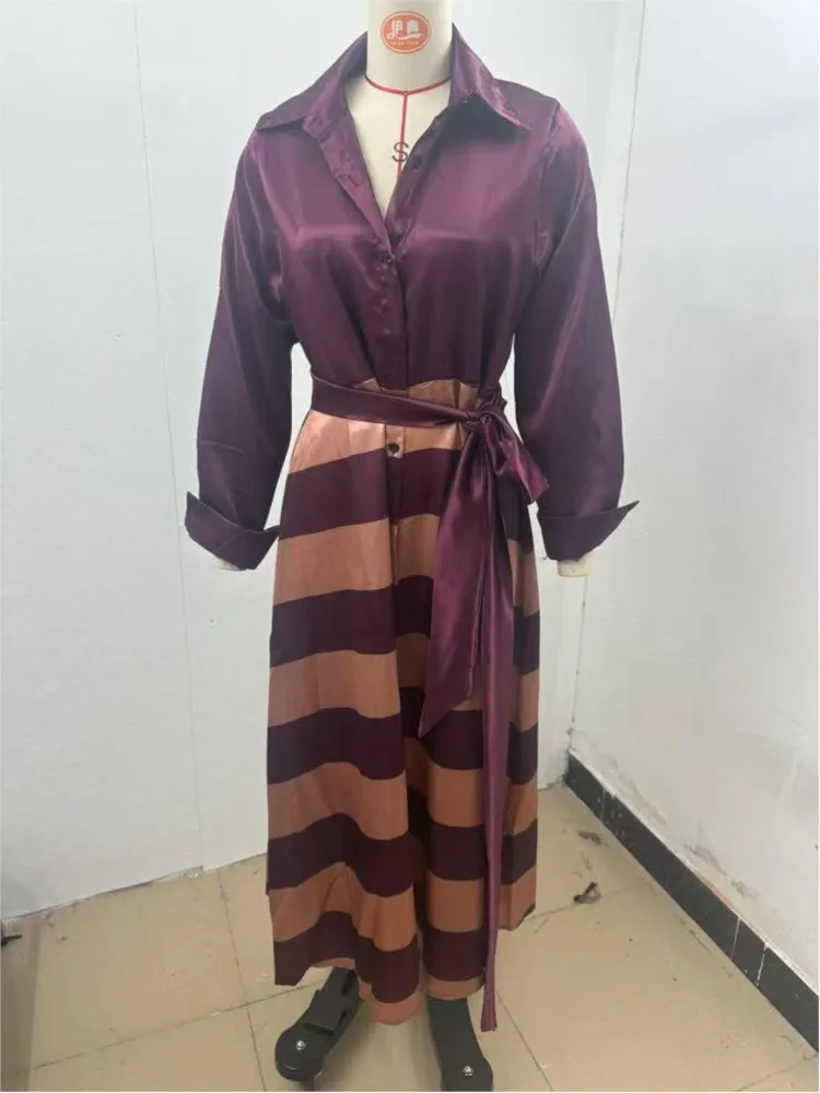 Vestido largo de satén a la moda para mujer, vestido informal de manga larga con cordones y cuello vuelto, vestido estampado con patrón Vintage para primavera y otoño