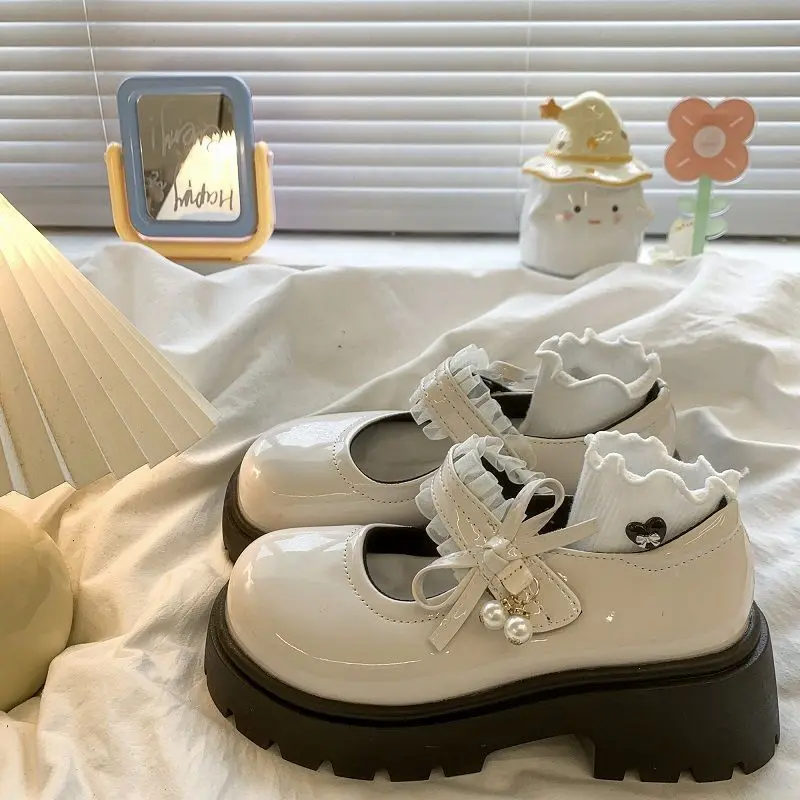 Women Pearl Bow Mary Jane Shoes Patent Leather Ruffle Strap Chunky Lug Sole Round Toe Sweet Lolita Casual Platform Dress Shoes
