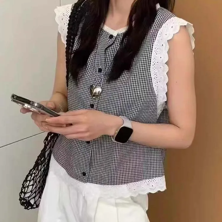 Korean Sle Summer New Faionable Loose Slim Fit Plaid Top Lace Trim Svel Vest Small irt Straight Cut Polyester Fiber