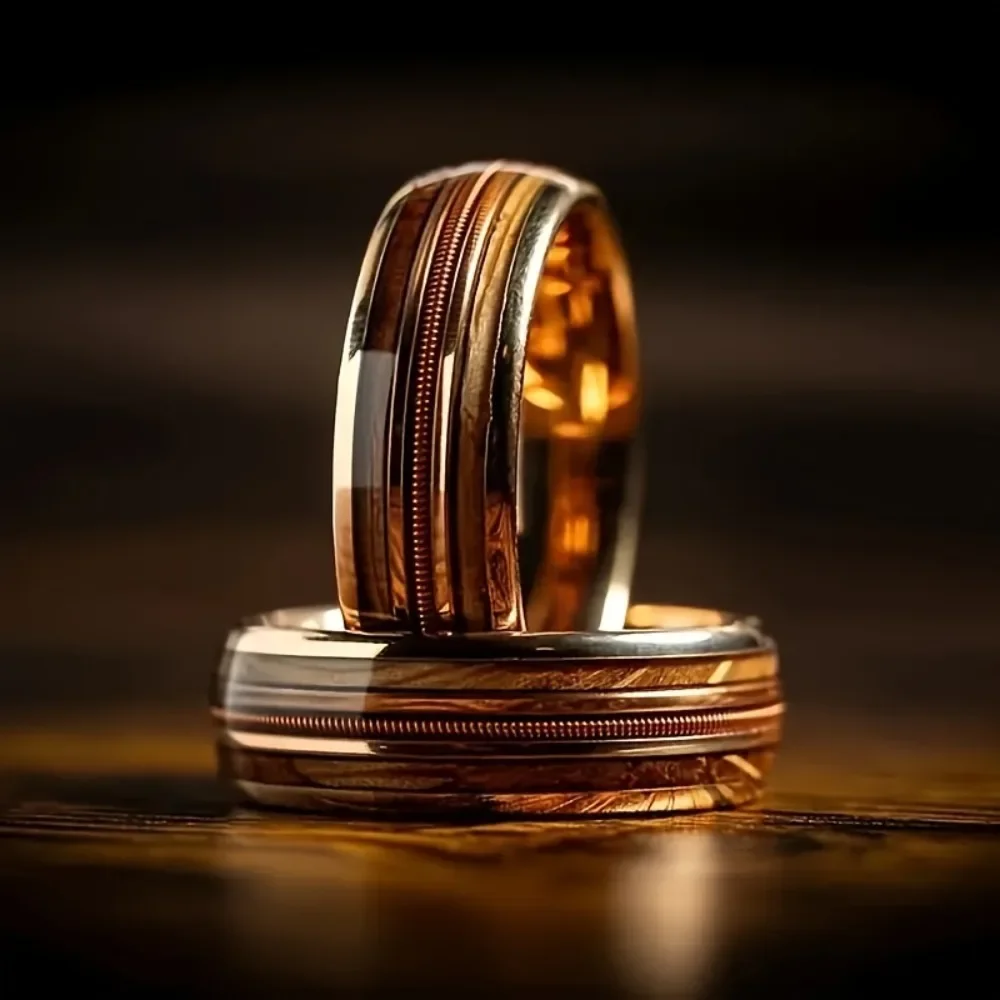 Fashion Guitar Line Wine Barrel Wooden Design Retro Ring Jewelry