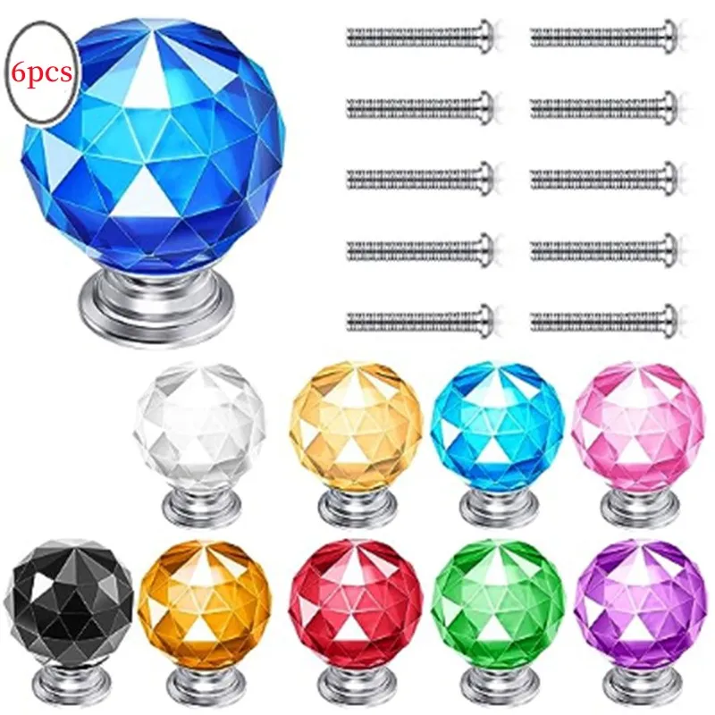 6pcs Beautiful 30mm Round Crystal Glass Knobs Cupboard Pulls Colorful Drawer Knobs Cabinet Handles Furniture Handle Hardware