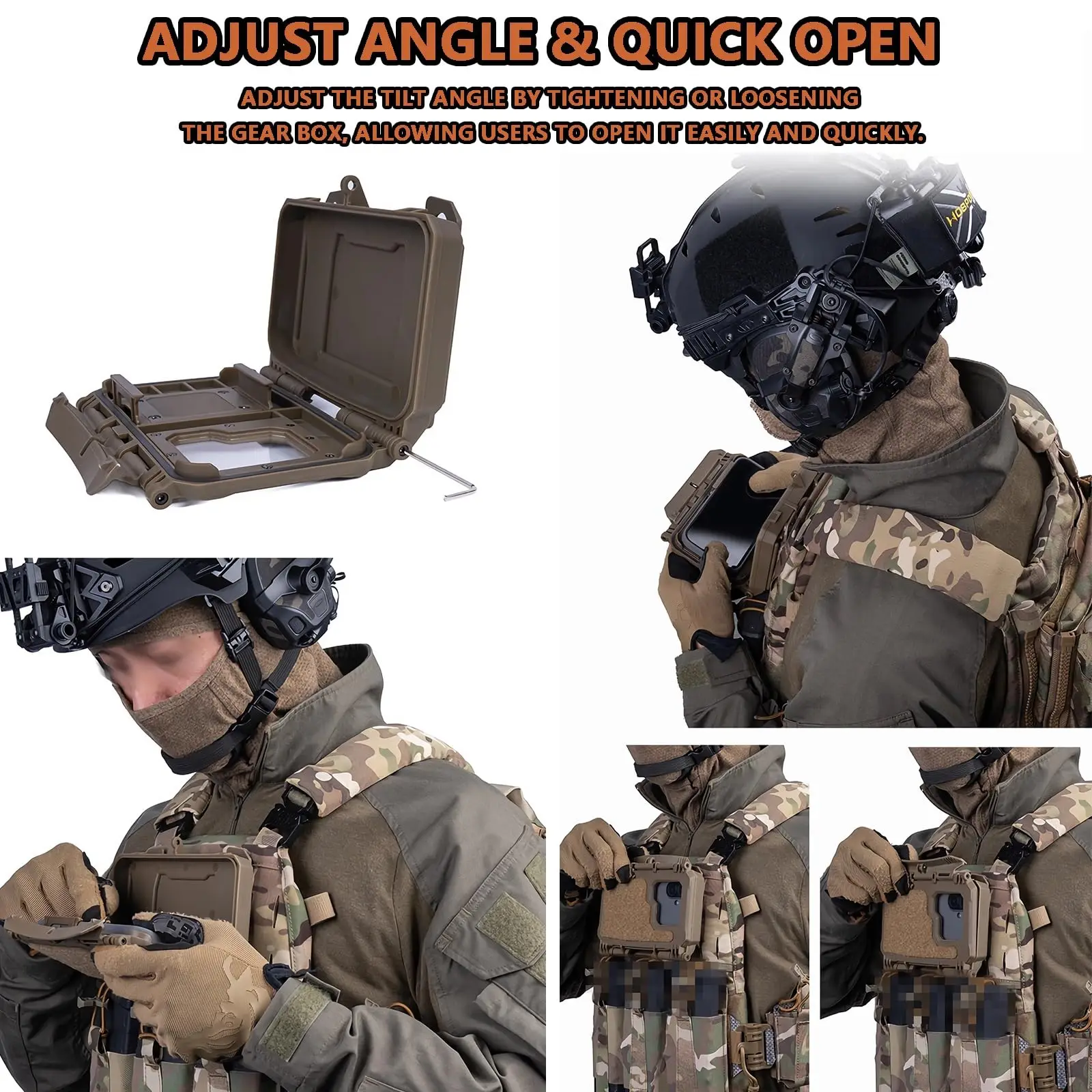 Tactical Phone Mount MOLLE Vest Plate Quick Release Flip Phone Holder with Integrated Phone Clamp Viewing Window for Smartphone