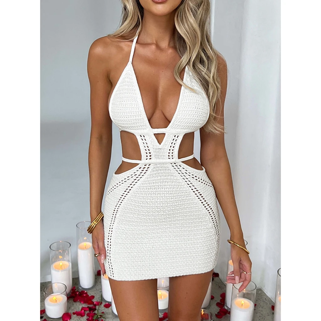 Mini vestido de encaje sin mangas con cuello Halter para mujer, Vestido de playa de punto hueco Sexy, Espalda descubierta, estética