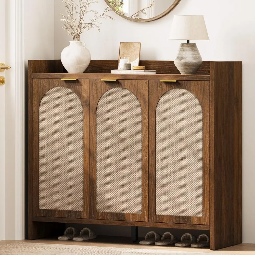 Cabinet Storage for Entryway Rattan Accent Cabinet with 3 Doors amp Adjustable Shelves, 6Tier Large Wood Shoes Cabinets with Or