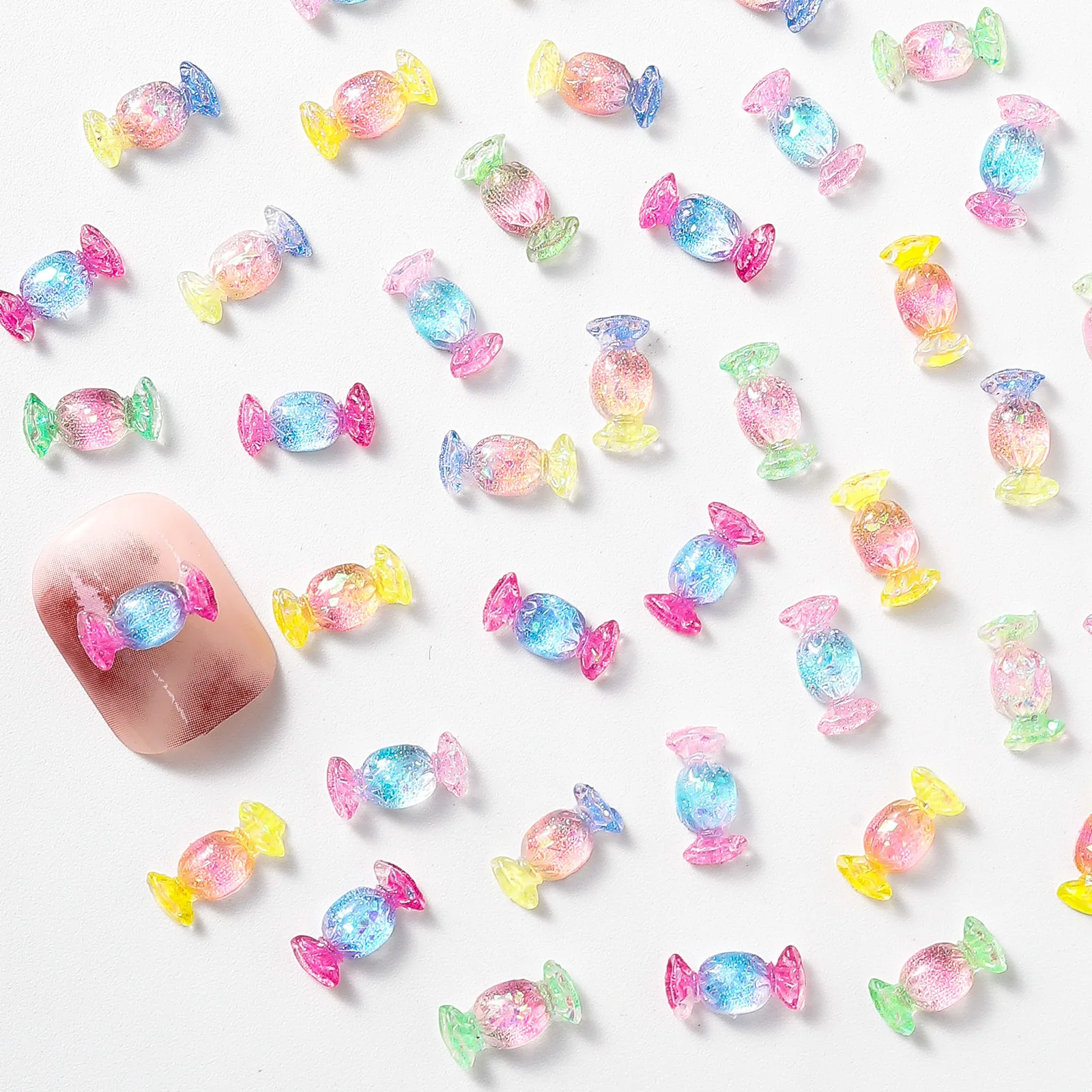 Food Play Candy Nail Art Charms Iridescent Gradient Gold Foil Rainbow Candy Resin Nail Rhinestone Decoration DIY Nails Accessory