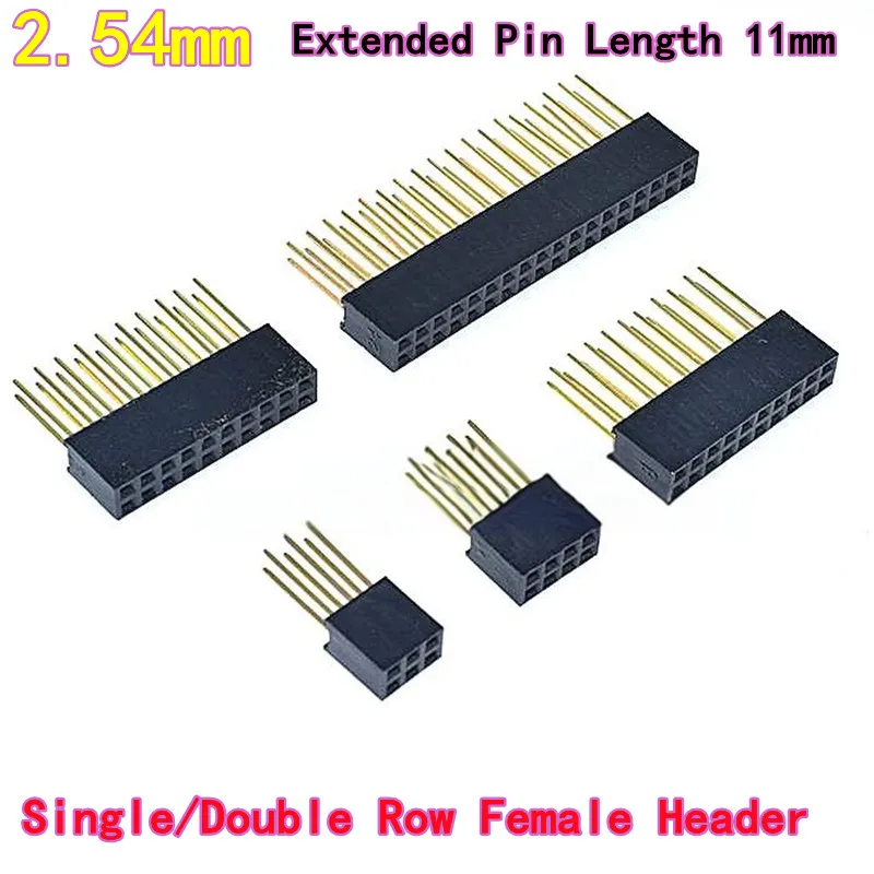 

20 шт. разъемов с длинными контактами, шаг 2,54 мм, удлиненные контакты 11 мм, однорядные/двухрядные гнезда, 1/2×2/3/4/5/6/8/10/15/18 контактов