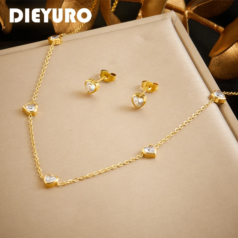 قلادة وأقراط ذهبية على شكل قلب من DIEYURO-Zircon ، طقم مجوهرات من الفولاذ المقاوم للصدأ 316L ، هدايا حفلات ، على شكل حب ، موضة جديدة #1