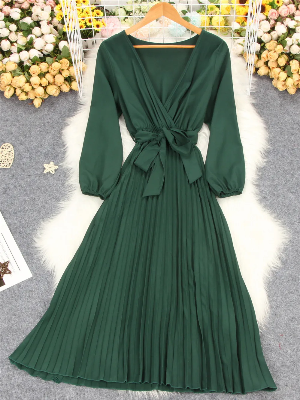 Solid Color V Neck Cross Long Pleated Dress Women Causal Spring Autumn Dress