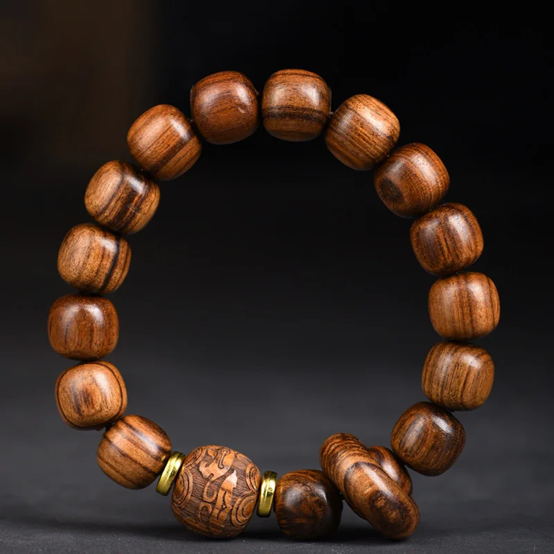 Black rosewood vintage-style Buddhist bead bracelet with a running ring accessory, carved for attracting wealth and treasures, s