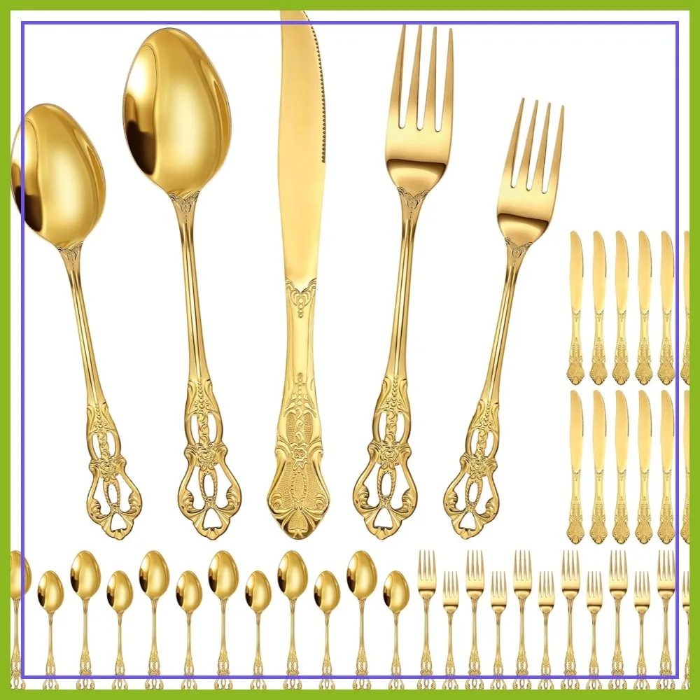 

60 Pcs Gold Stainless Steel Flatware Set, Retro Vintage Silverware with Forks Spoons Knives Mirror Polished Cutlery Set for Valentine's Day Wedding