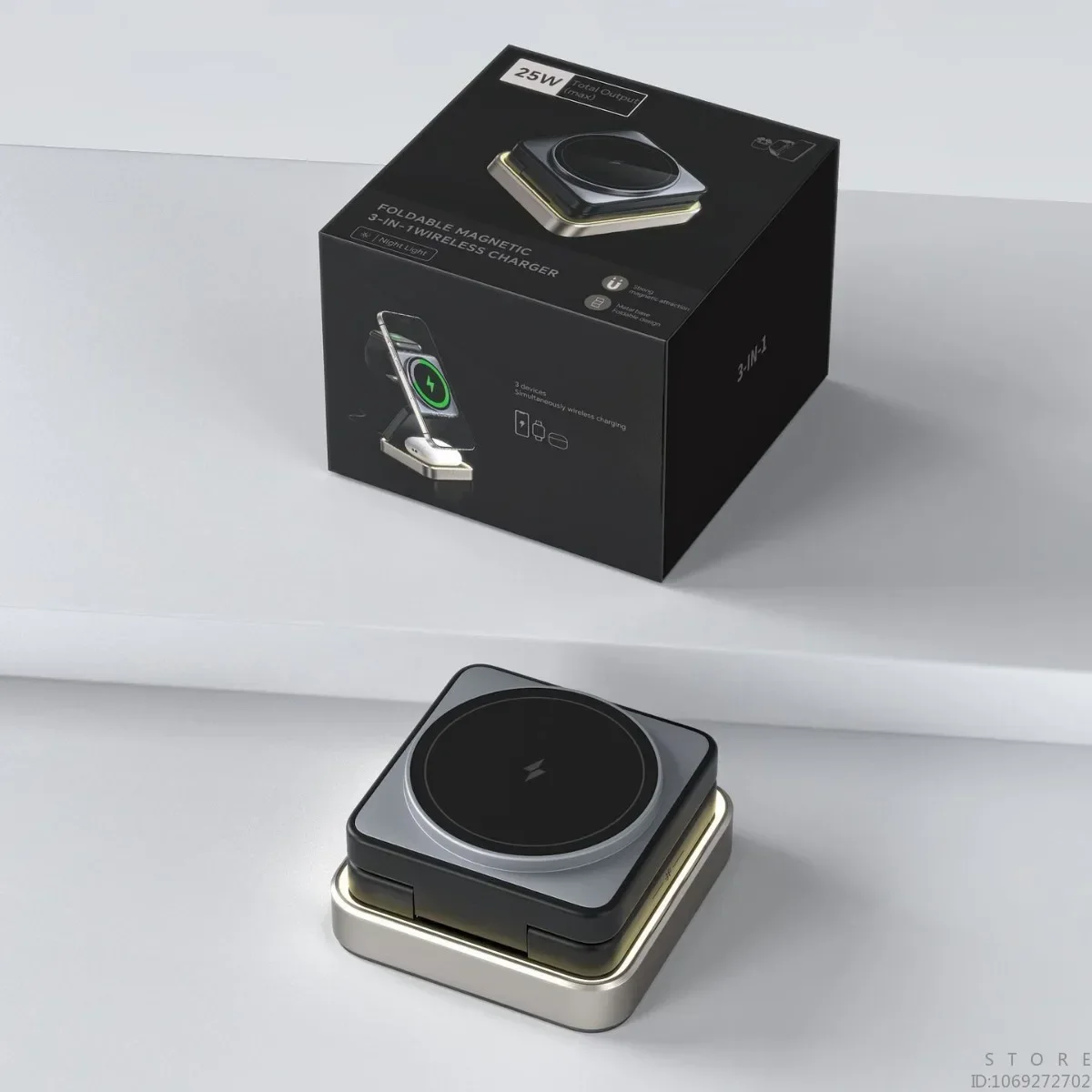 Foldable Magnetic 3 in1 Wireless Charger Metal Base with Ambient Light for Phone,Earphone,Watch 3 Devices Charger Simultaneously