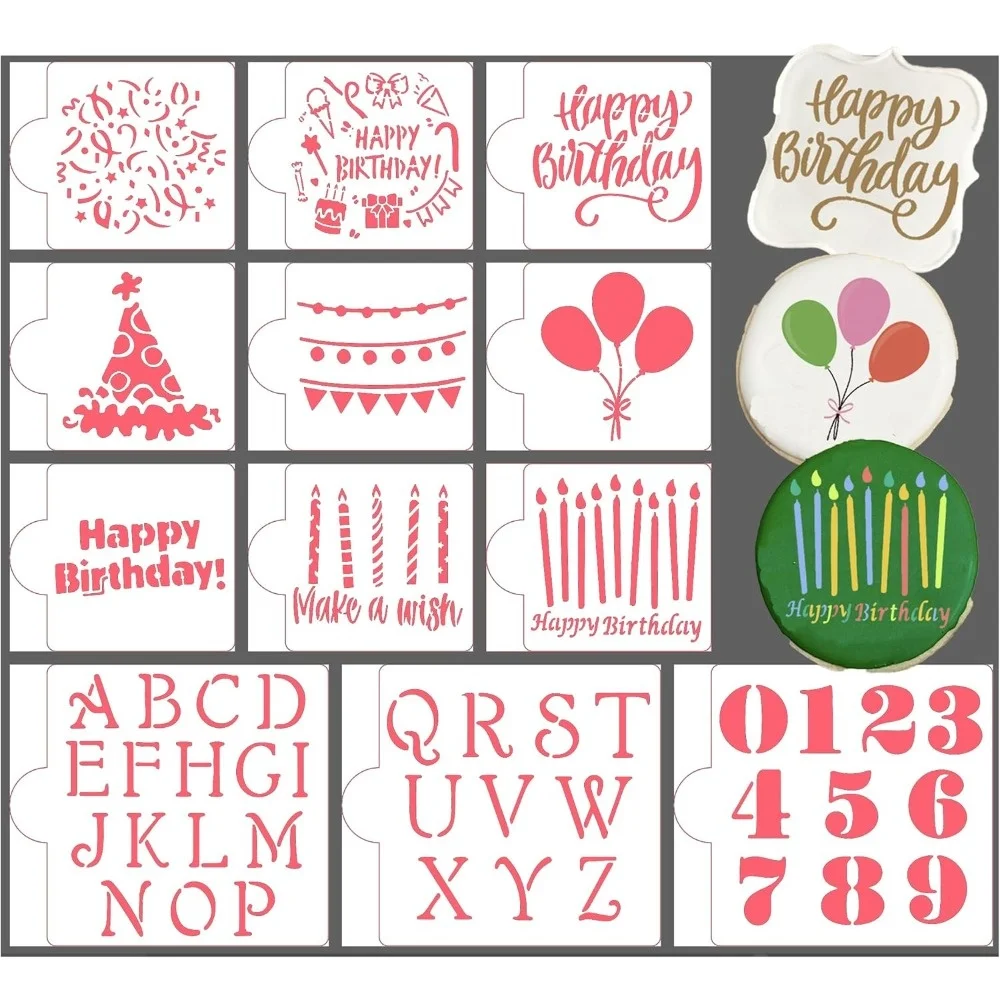 12‑Pack Birthday Spray Stencils, Letters Numbers Candle Balloon Hollow‑out Templates, Powder‑Dusting Decor Tools for Cake and Co