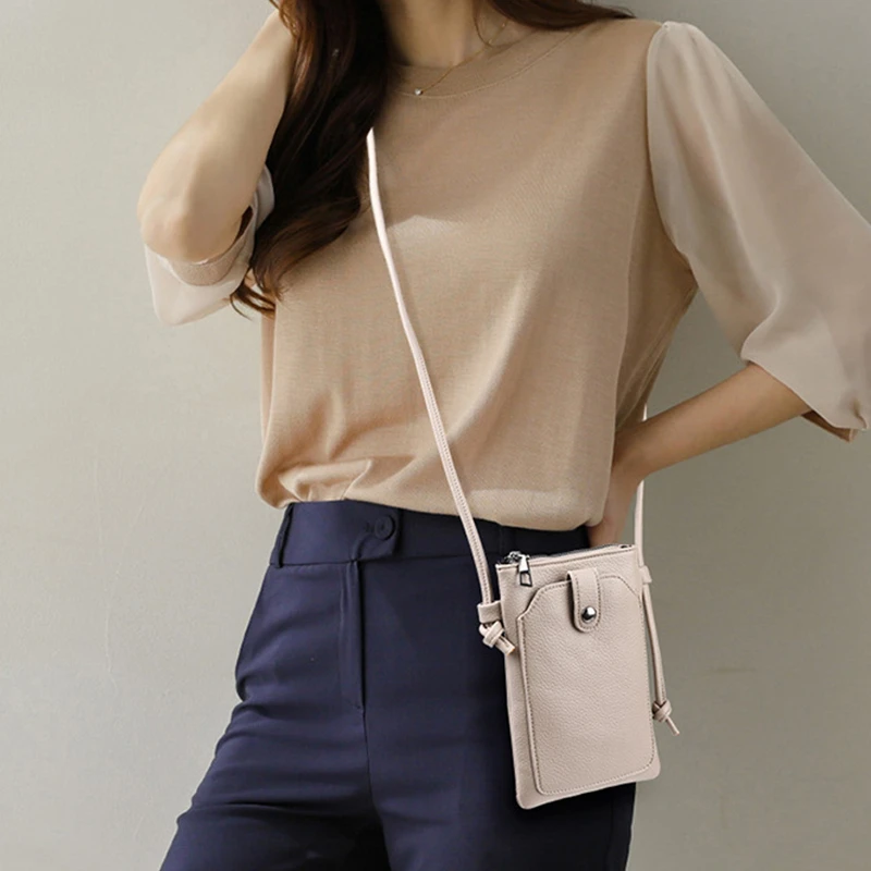 PU Leather Solid Color Women's Diagonal Cross Bag Portable Double-Layer Buckle Mini Phone Wallet Shoulder Bag