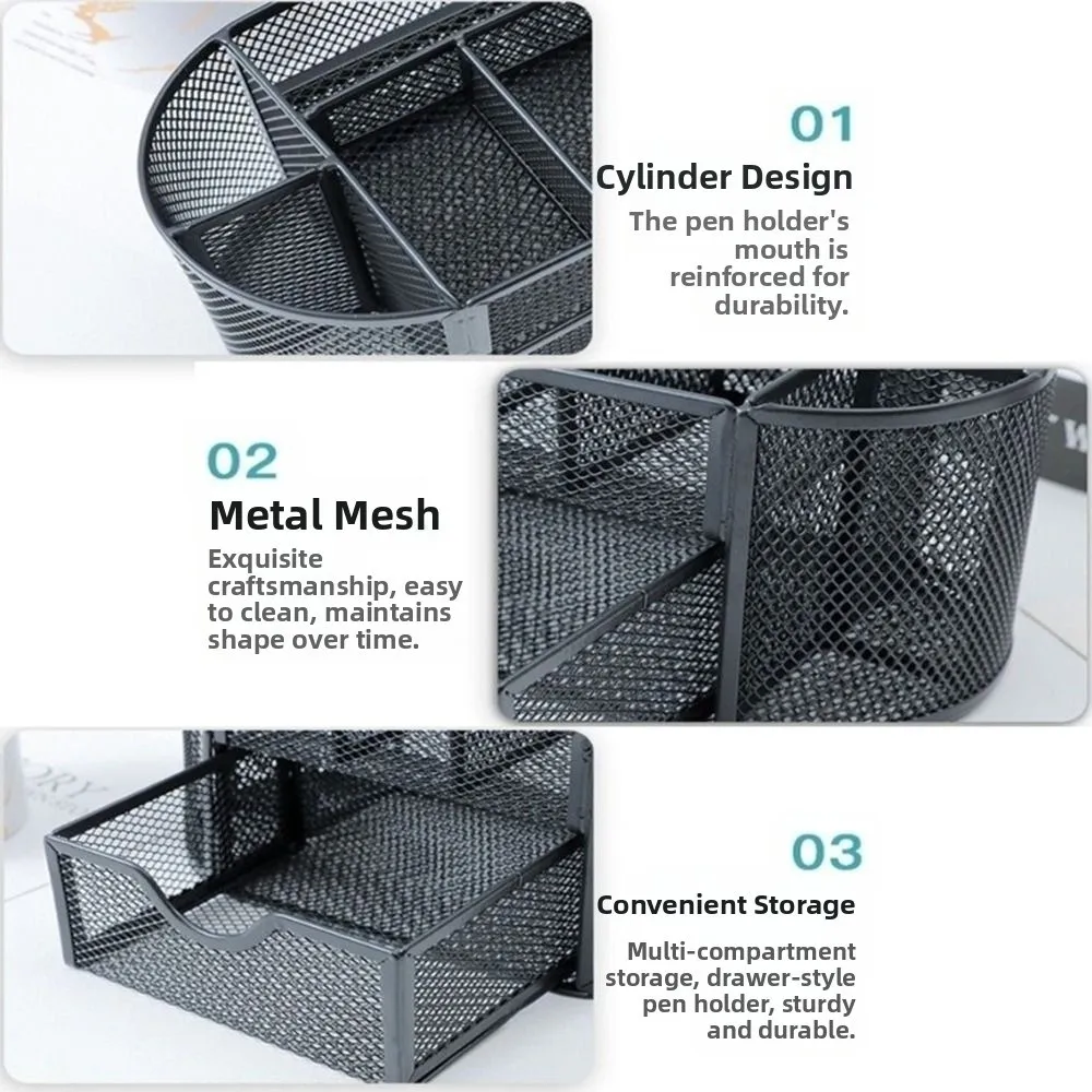 حامل أقلام تخزين من الحديد المبتكر، منظم قرطاسية شبكي معدني أسود مع درج، منظم مكتب بسعة كبيرة للمدرسة #6