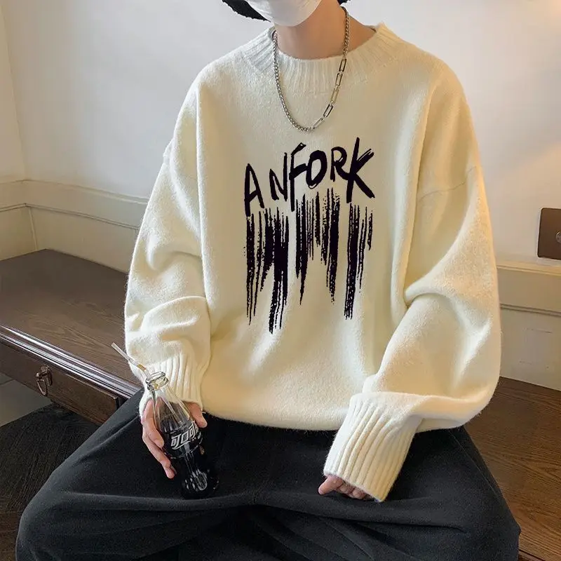 

Casual Letter Printed Pullovers Knitted Autumn Winter Korean Aura Men's Clothing Basic Long Sleeve Young Style O-Neck Sweaters