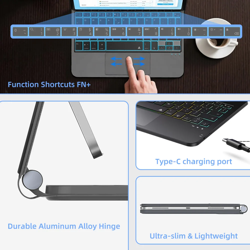 Wireless Backlit Keyboard Case with Trackpad For iPad 11th Gen A16 10th Air 4 5 6 Pro 11 13 M4 12.9 Magnetic Stand Folio Cover view 4