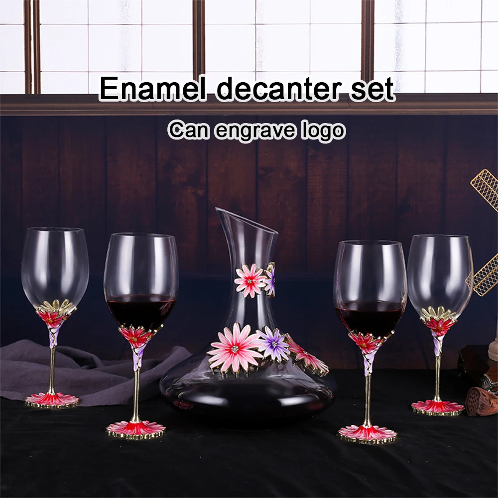 (Can Engrave Logo) 350ML Enamel Daisy Crystal Red Wine Glass Decanter Set, Wedding Cup, Home Stemware, Can Match Gift Box
