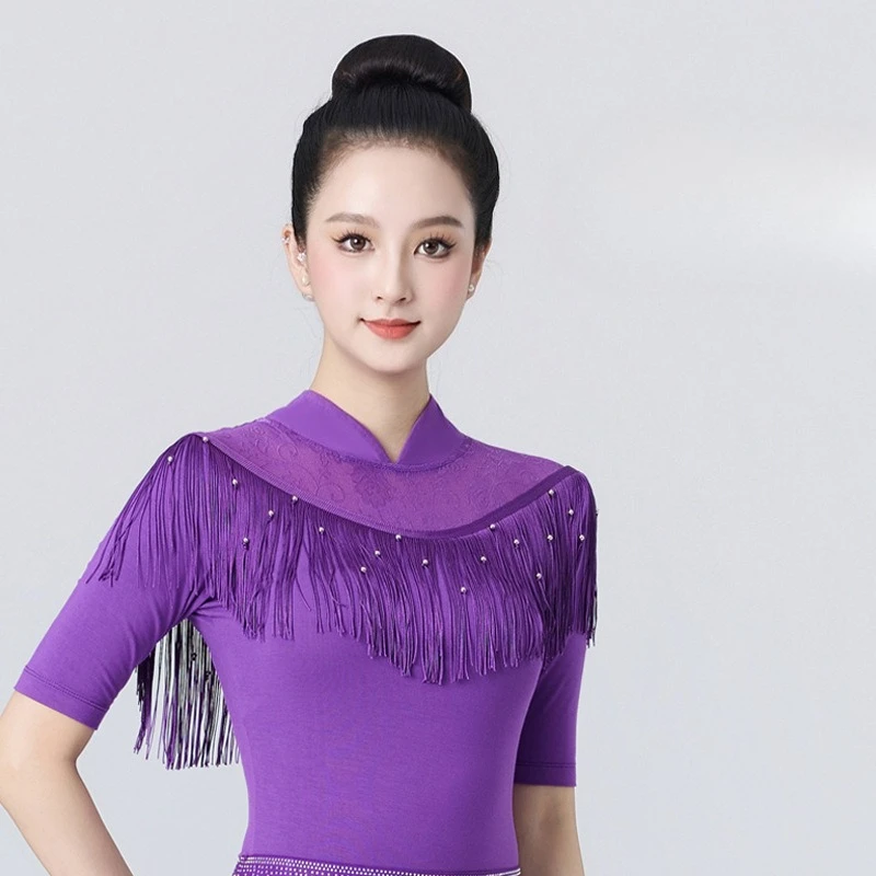 여성용 뉴 라틴 및 볼룸 댄스 탑 - 성인용 프리미엄 슬림핏 몸매를 돋보이게 하는 에티켓 모던 댄스 트레이닝 웨어