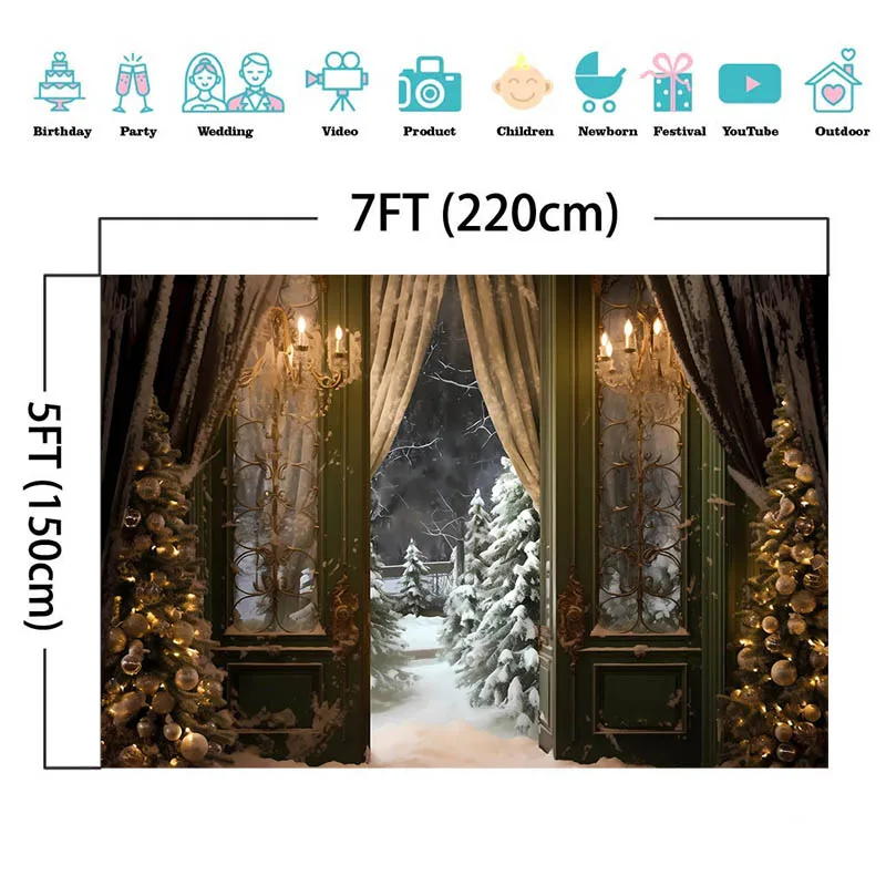 Christmas Photography Backdrop Winter Snow Outside Vintage Green Door Frozen Pine Tree Xmas Family Portrait Background Photocall