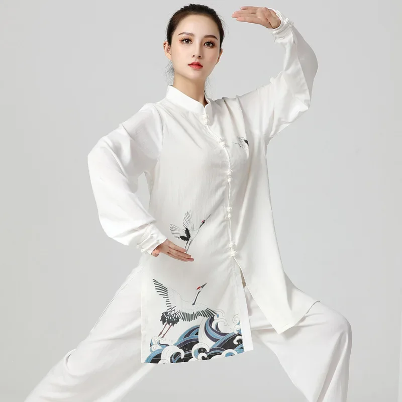 Kung Fu Uniform Traditional Chinese Tang Suit Martial Arts Adults WingChun Morning Exercise Costume Crane Print Wushu Clothes