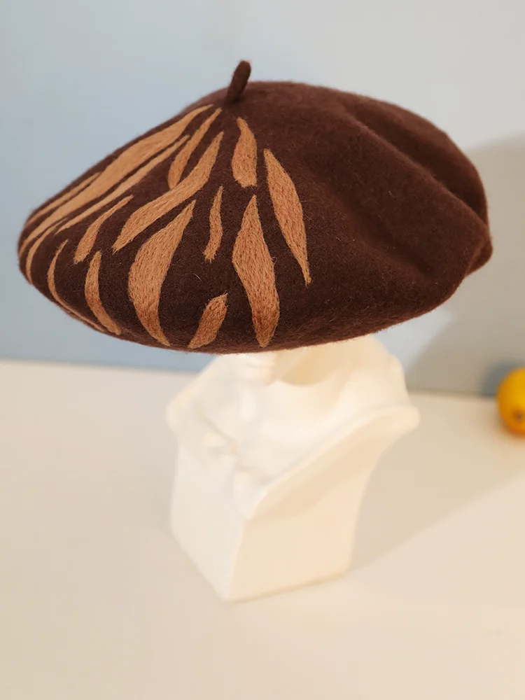 Women Zebra Print Warm Wool Beret, Cute Wool Hats