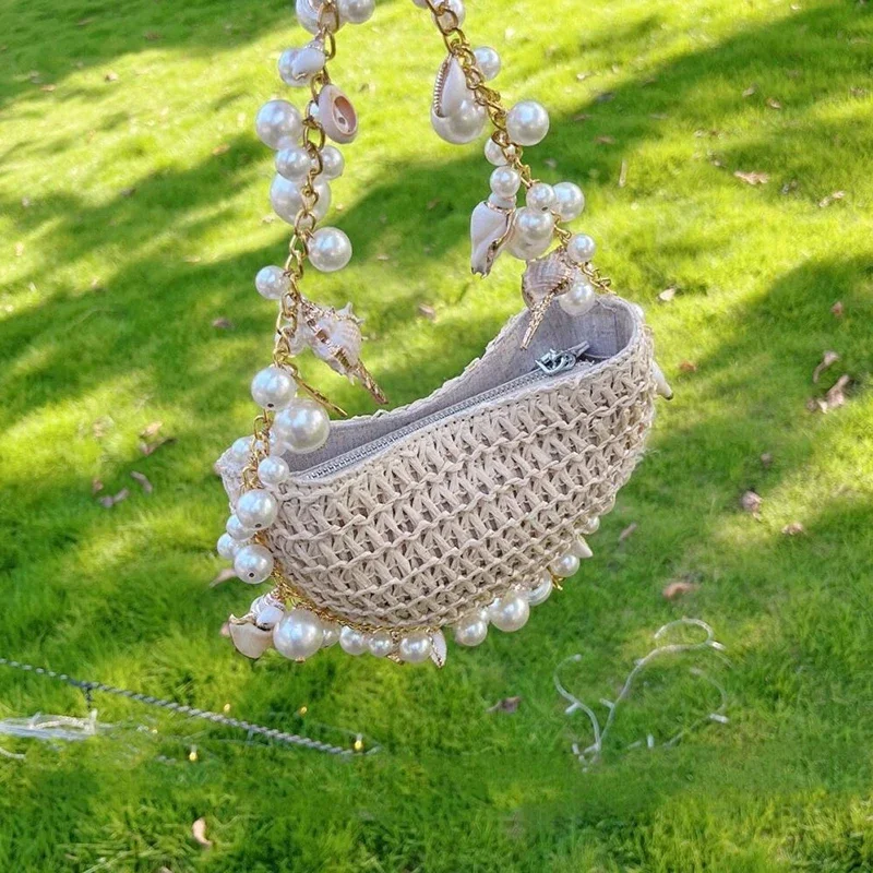 Bohemian Pearls Straw Bag Conch Starfish Women Handbags Half Moon BeachNew In Papyrus Woven Chain Beaded Trim Shoulder Bag