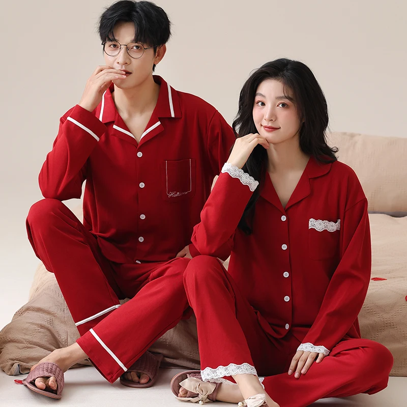 Lovers Festive Red Cotton Pajamas Solid Color Cardigan Pajama Set Sleepwear Long Sleeve Tops+Pants Pajamas Home Clothing Pyjamas