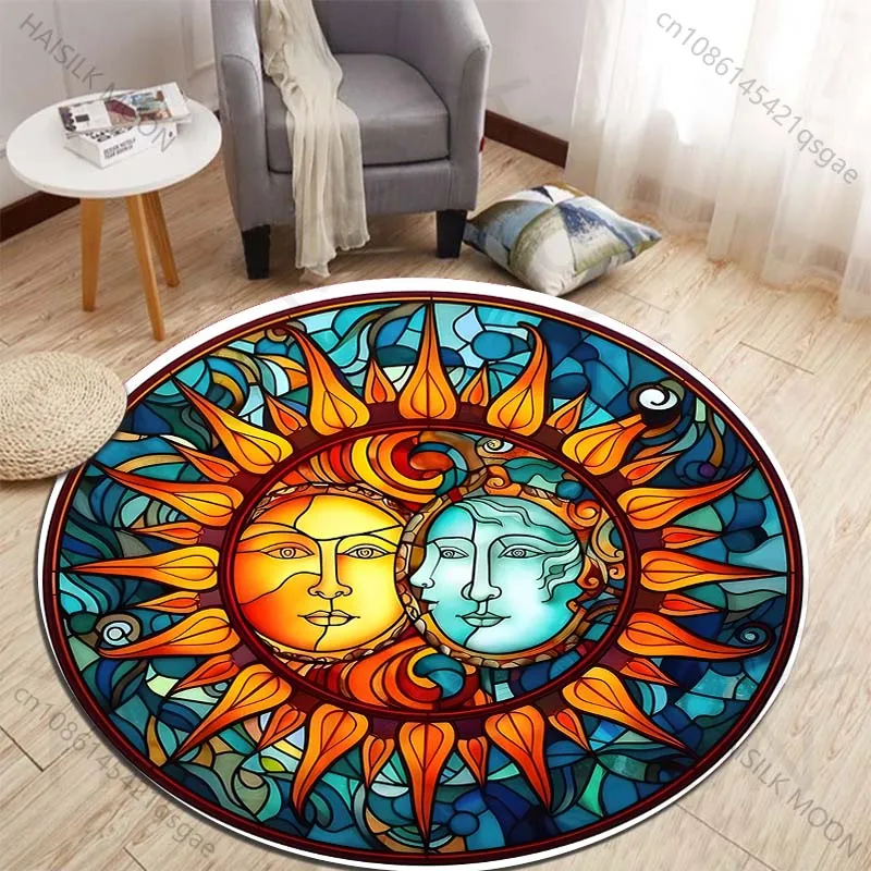 Stained Glass Sun and Moon Harmony Printed round carpet living room sofa table large pet mat soft round carpet home decor
