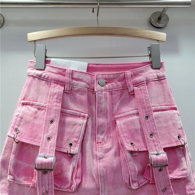 2025 New Retro American Pink Three-dimensional Pocket Strap Anti Glare A-line Skirt Slimming Workwear Short Skirt for Women