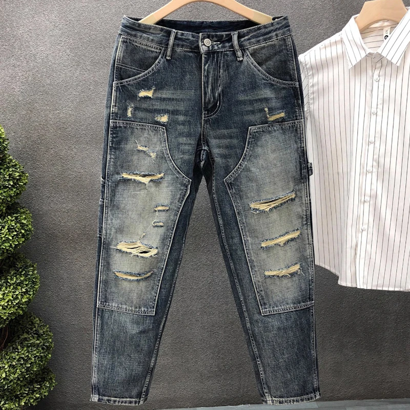 

2025 Cargo Pants Stretch Ripped Straight Denim Jeans for Men High Quality Moto Style Slim Fit Stretch Luxury Boyfriend Pants