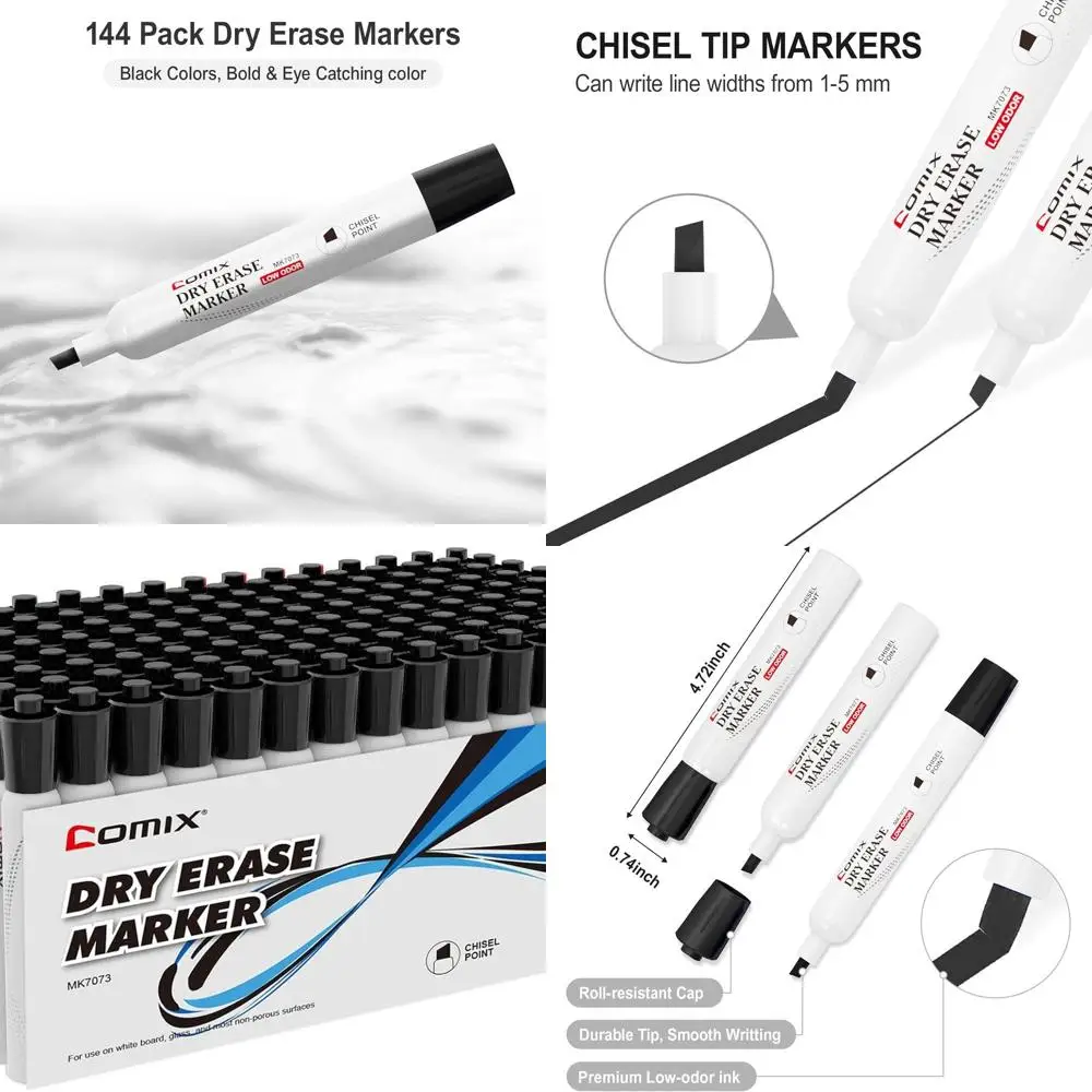 مجموعة من 4 أقلام تحديد للمسح الجاف باللون الأسود، 36 قطعة لكل منها، إجمالي 144، طرف إزميل للسبورات البيضاء - مثالية للفصول الدراسية والمكتب #1