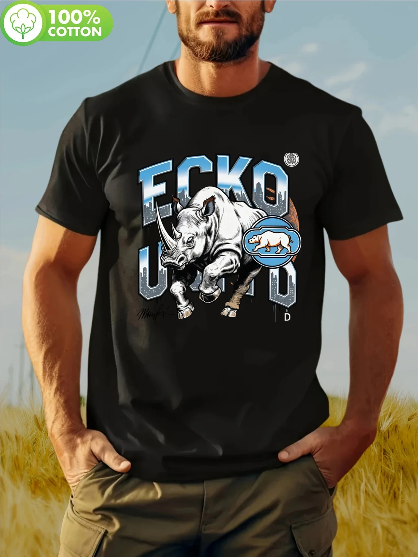 Men Ecko Centered Full Front Realistic Rhino Tee Skyline Fill Varsity Font Lightweight Office Daily 100% Cotton Shirt