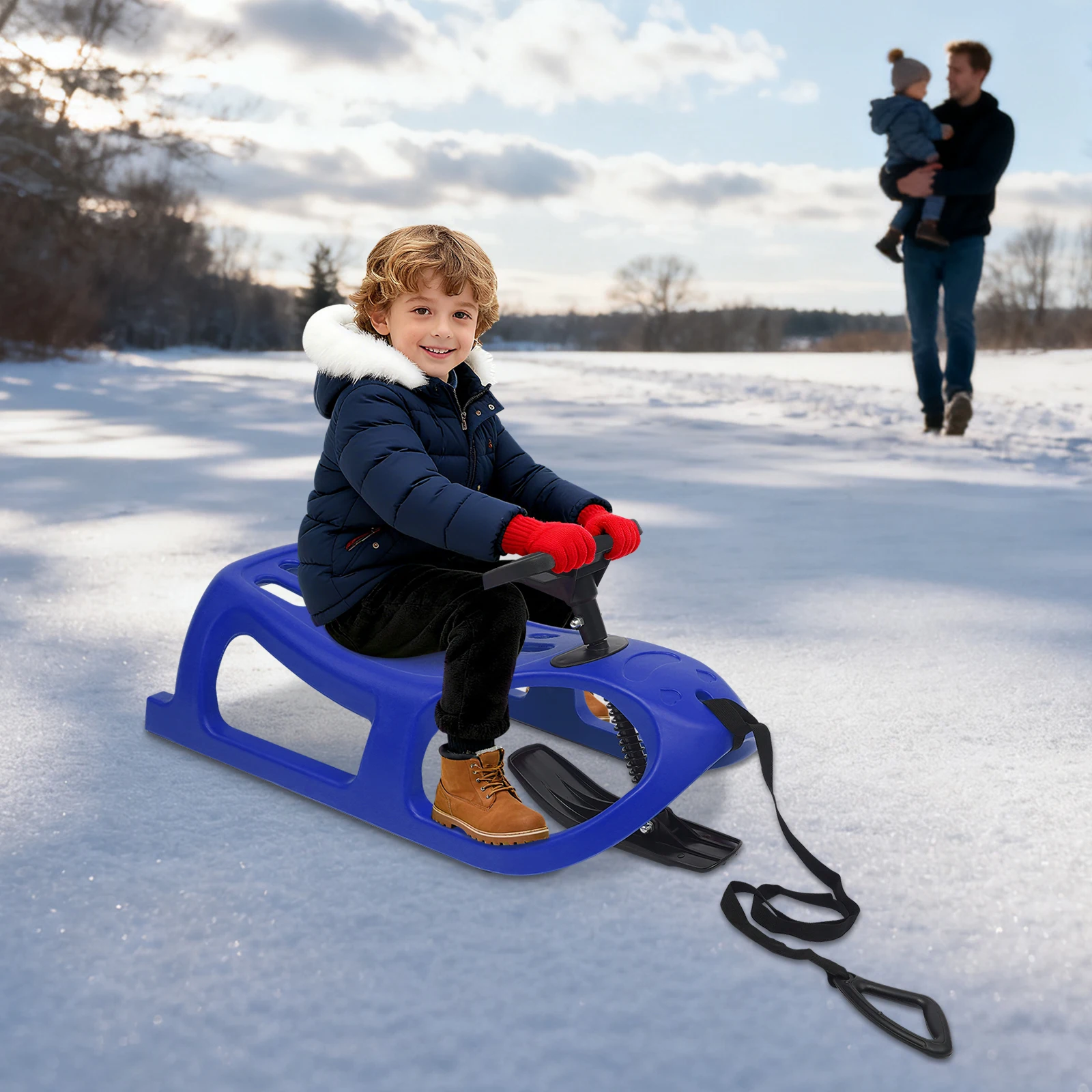 

Children Snow Sled, Single Rider Winter Sleigh with Steering Wheel & Footrest 100kg Load for Toddlers Kids Winter Snow Sliding