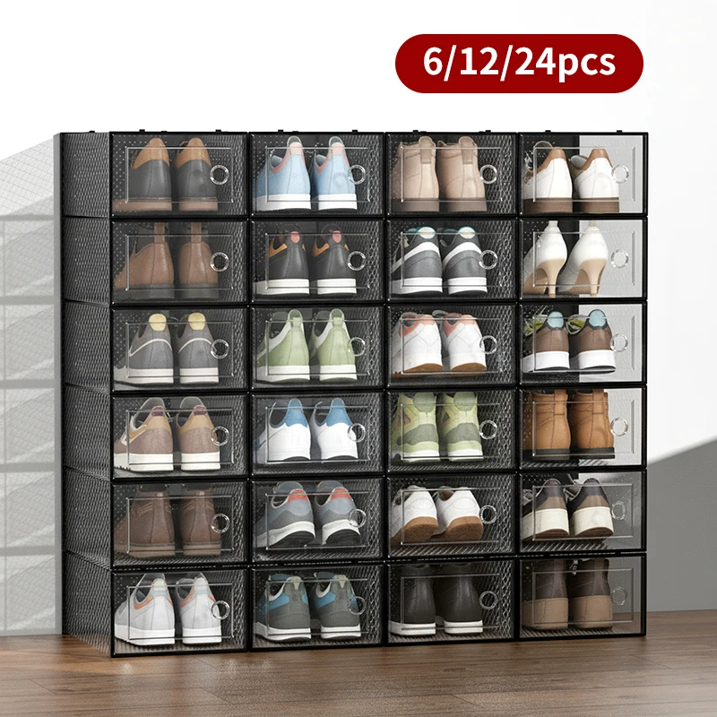 24 Pack Shoe Storage Organizer 6/12/24 Pack Large Modular Shoe Storage Organizer for Closet | Space Saving Clear Plastic Stackable Shoe Boxes with Lids | Display Case Bins, Sneaker Storage Rack in White and Black