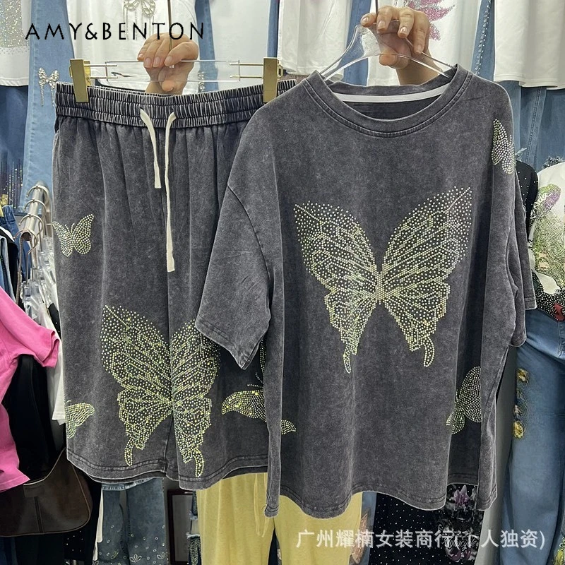 

American Style Rhinestone Butterfly Cartoon Loose-fit Short Sleeves T-shirt Top + Elastic Waist Wide-leg Shorts Two-piece Sets