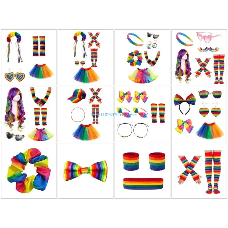 

N7YF Rainbow Rave Outfit Rainbow Costume Accessories Rainbow Tutus Skirt Flower Headband Stripe Sock Cosplay Halloween Costume