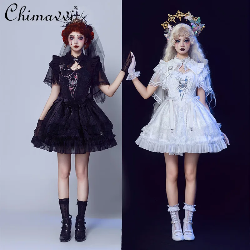 Gothic Lolita Split Set 2025 Spring and Summer New Cosplay Dark Girl Lace Spider Top Vest and Skirt 3-piece Set Womens Outfits