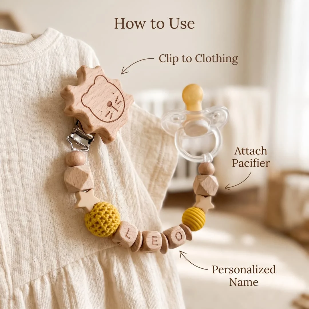 Personalized name pacifier clip, wooden beads and crocheted lion – New baby gift