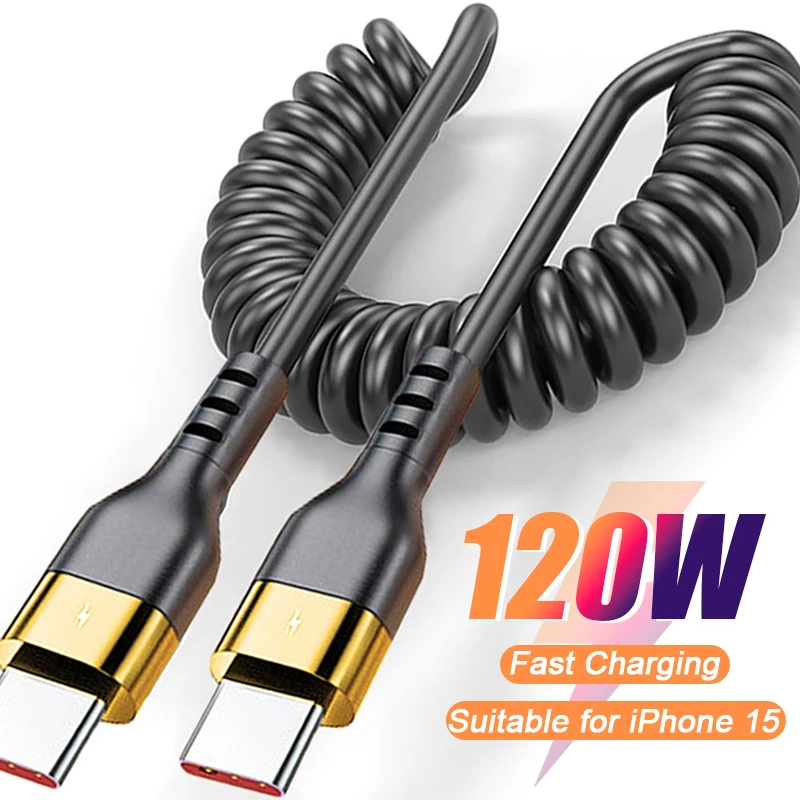 USB C To Type C Spring Cable PD120W Super Quick Charging Coil Data Wire Dual Type C Car Charger Cord for IPhone 15 Pro Samsung