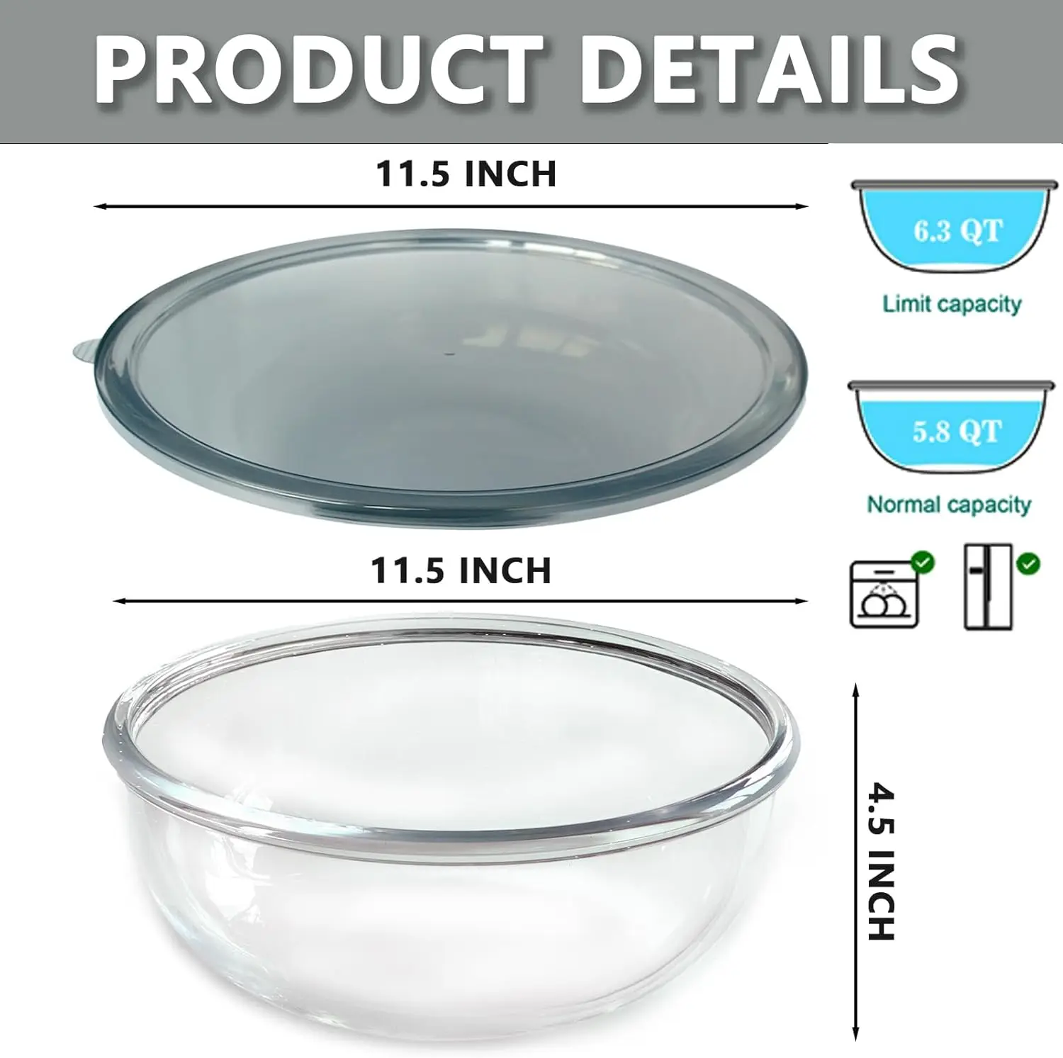Large Glass Mixing Bowl with Lid, 6.3 Quart Clear Salad Bowls for Sourdough, Storage & Prepping - view 2