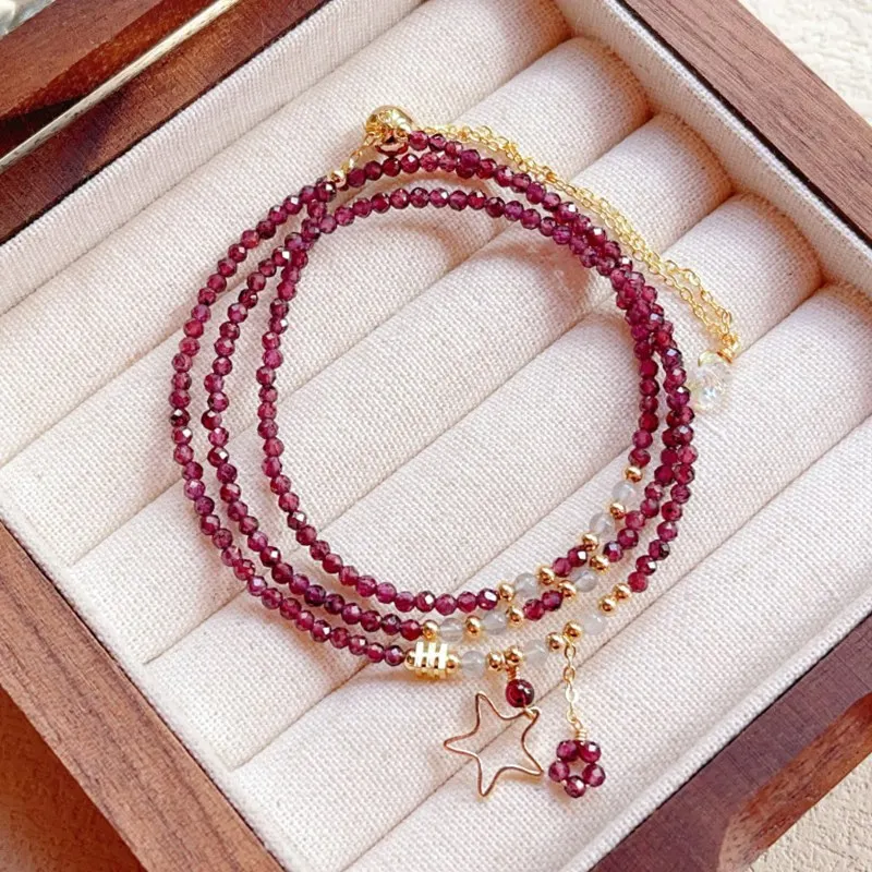 Feng Shui Chinese Style 14k Bag Gold Natural Wine Red Garnet Cut Face Bracelet Hand String Three Circles Multi-Layer Lucky Pixiu