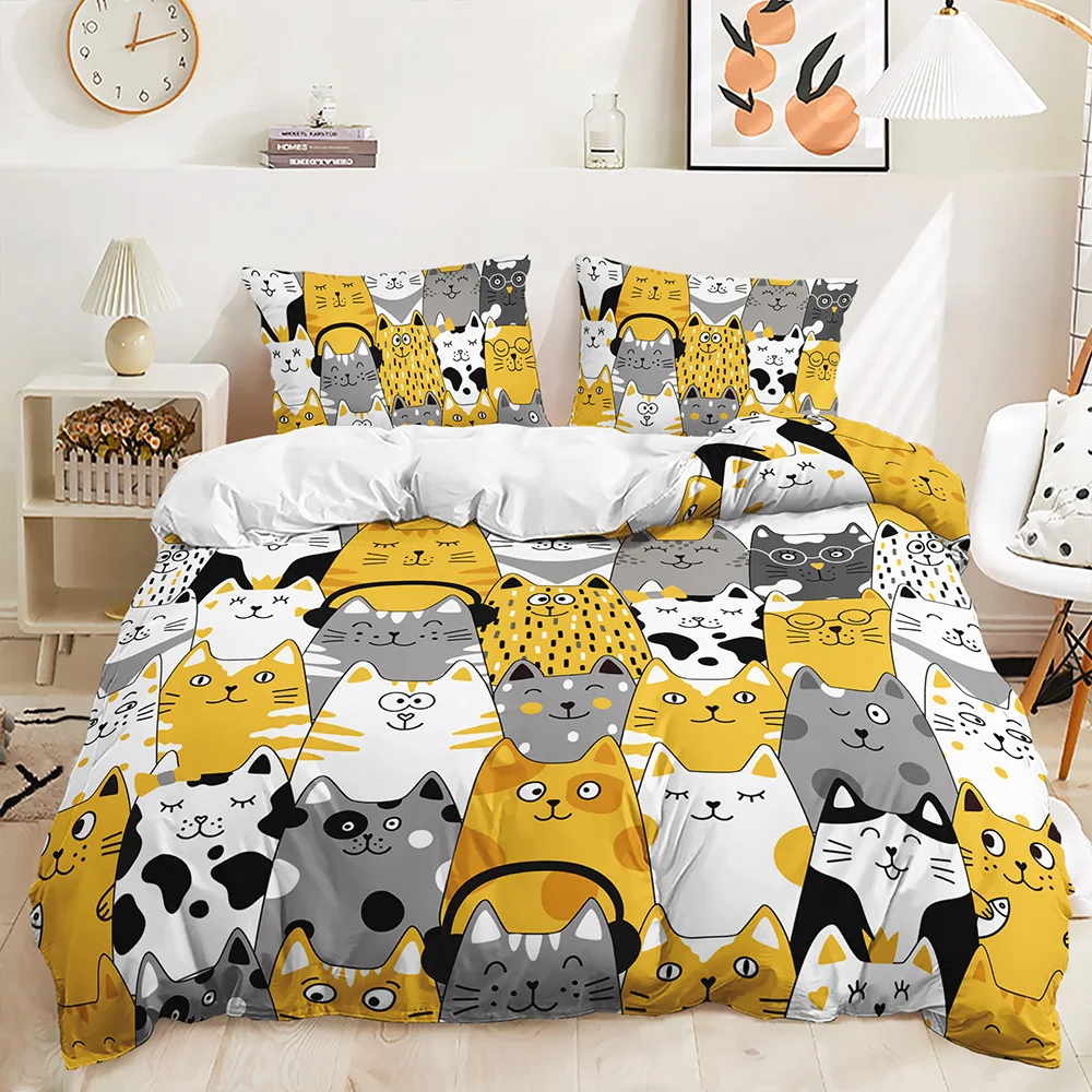 

Cute cat illustration three-piece bedding set of 3D digital printing quilt pillowcase king size comforter bedding sets