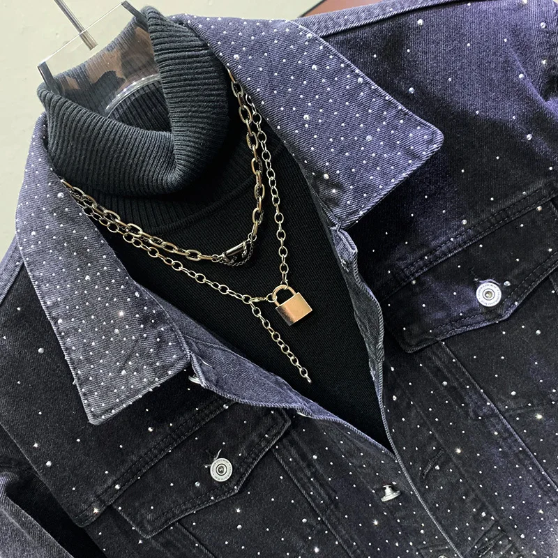 PFHQ High Quality Sky Star Hot Diamond Denim Jackets Men\'s Versatile Handsome Loose Tide Glisten Motorcycle Coat Autumn 21Z2936