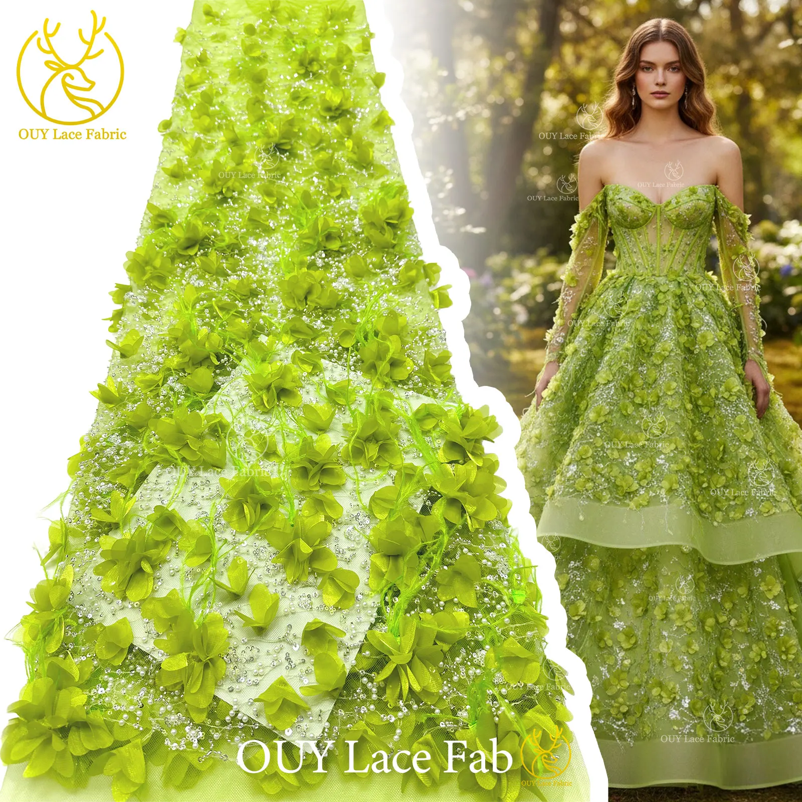 Eleganter handgefertigter 3D-Applikations-Spitzenstoff 2026, hochwertige französische Pailletten-Tüllspitze für Hochzeits- und Partykleider, 5 Yards – Detail 5