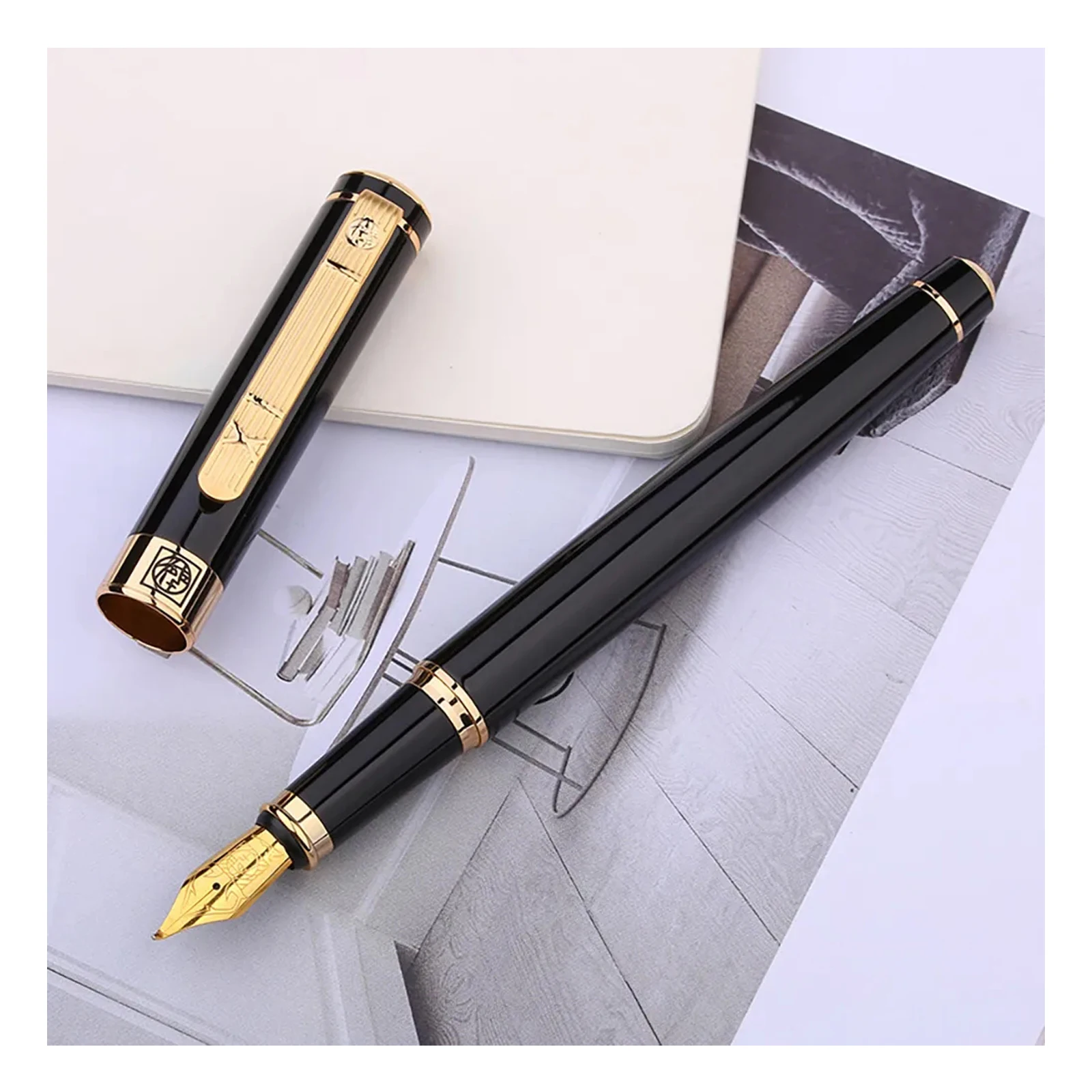 

PIMIO 902 Metal Fountain Pen Calligraphy Bent Nib Fude Pen Golden Trim Writing Ink Pen for Gentleman Office Business school