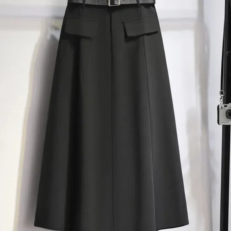 

Korean Autumn Women's Solid Pleated Button Elastic High Waist Simplicity Casual Chic Slim Mid-length A-line Suit Skirt Z573