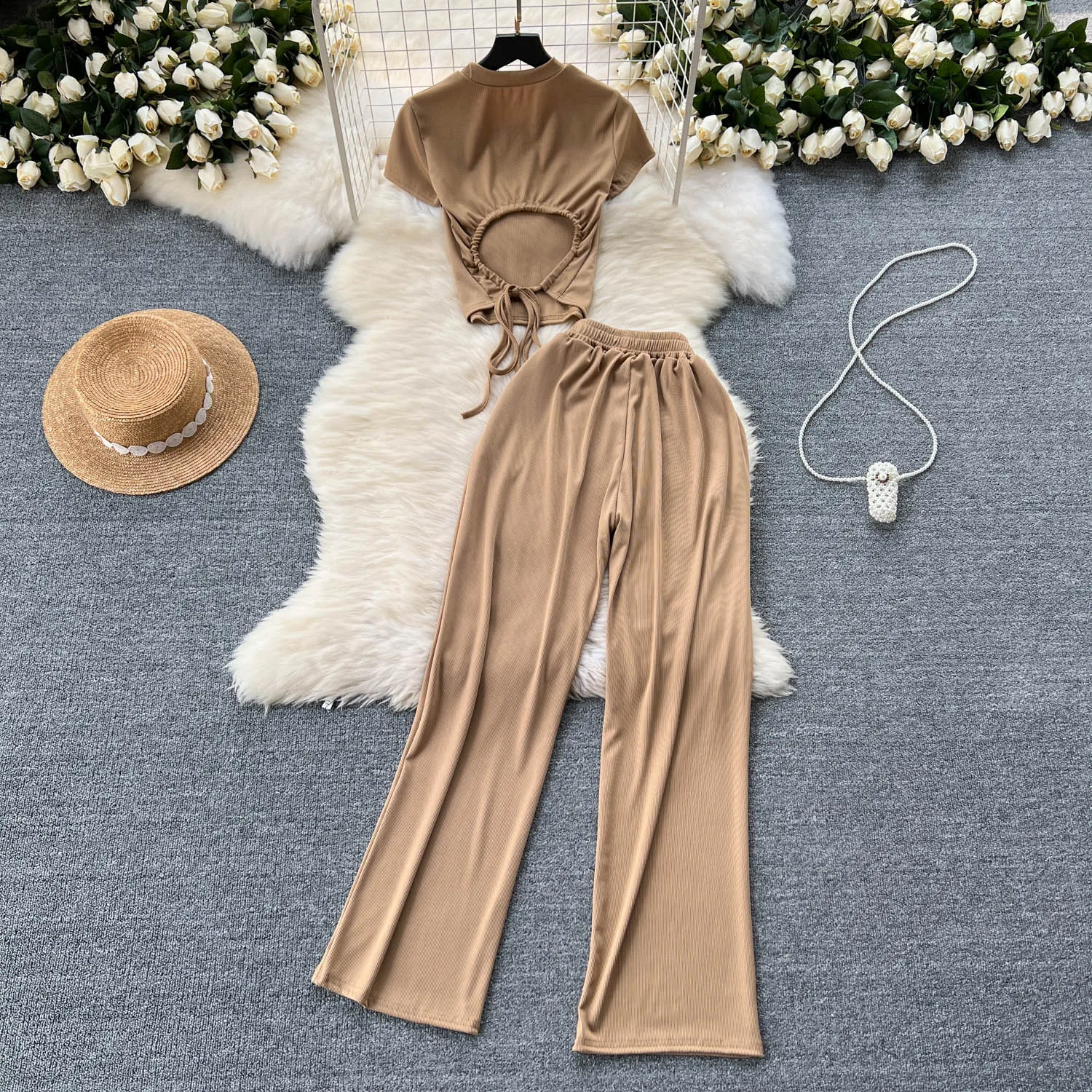 Summer Two Piecce Wide Leg Pants Set Women's Backless High Waist Short Sleeved T-shirt Top With Long Pants Autumn Two Piece Suit