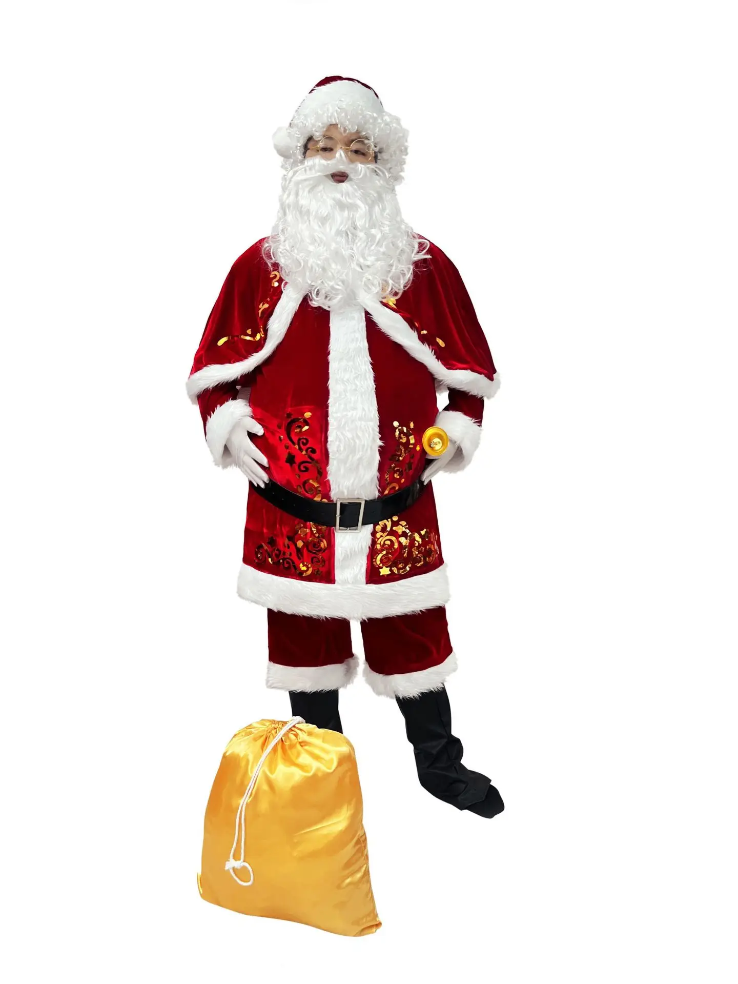 

Santa Claus Cosplay Adult Men Christmas Golden Velvet Outfit Beard Hat Set Stage Carnival Party Performance Costume
