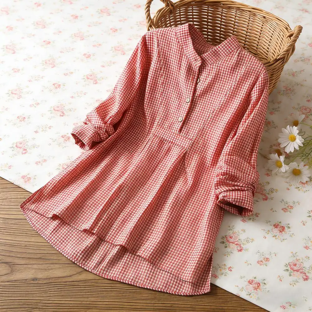 

Women Plus Size Plaid Tunic Tops Casual Button Up Lapel Loose Swing Blouse Long Sleeve Pleated Flowy T Shirts