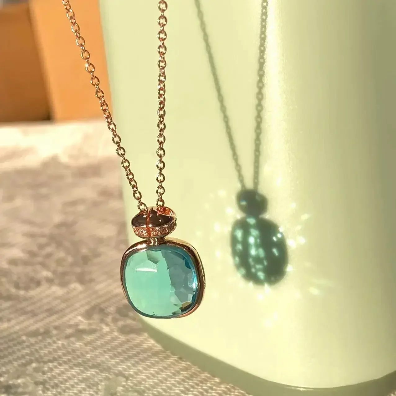 Classic  Pendant Necklace for Women Light Blue Topaz Pendant Candy Color Perfume Bottle Shape Elegant Fashion Jewelry